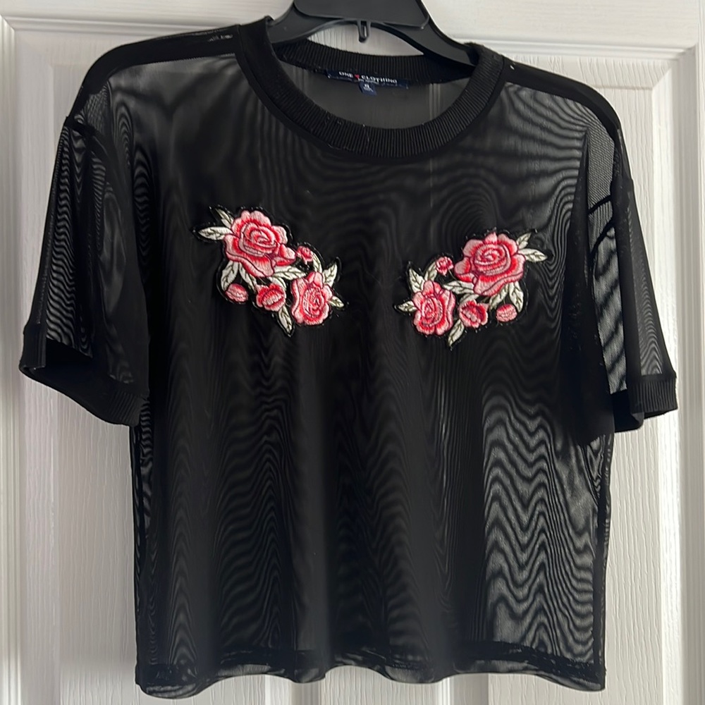 One Love black mesh crop top with rosé embroidery